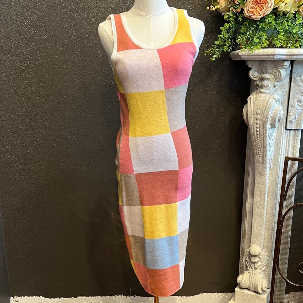 ANDREE BY UNIT Colorful Checkered Midi Knit Dress